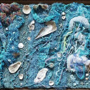 New framed fiber art, ready to hang. Organic elements. 32x12 in.Mixed media art.